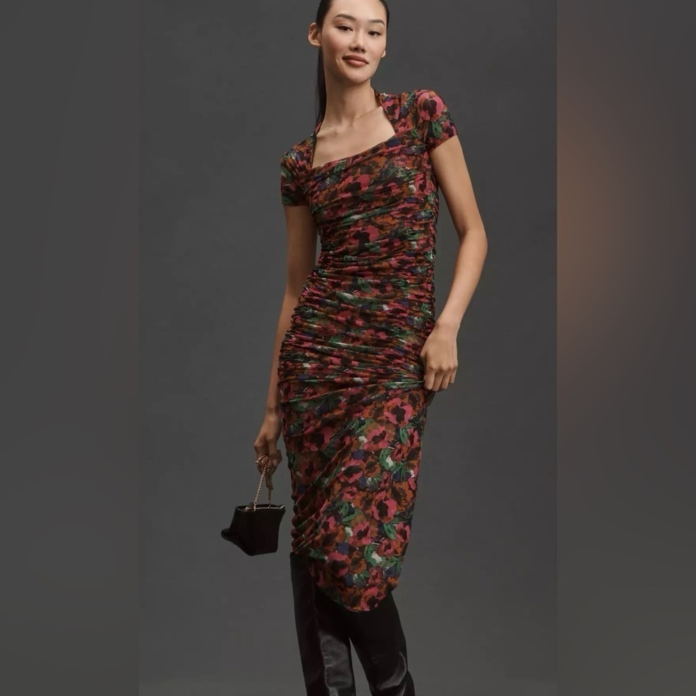 MISA Los Angeles short sleeve square neck mesh Marilyn jewel tone floral XXS - Picture 2 of 9